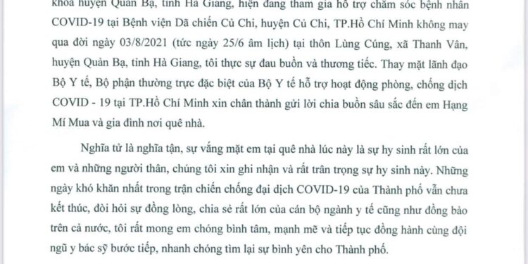 Thứ trưởng Nguyễn Trường Sơn gửi thư chia buồn với điều dưỡng Hạng Mí Mua và gia đình